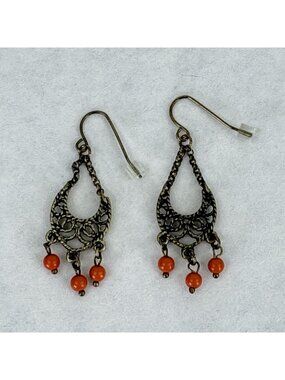 Vintage Bronze-tone Metal Filigree Earrings With Orange Beads Pierced Dangle Set
